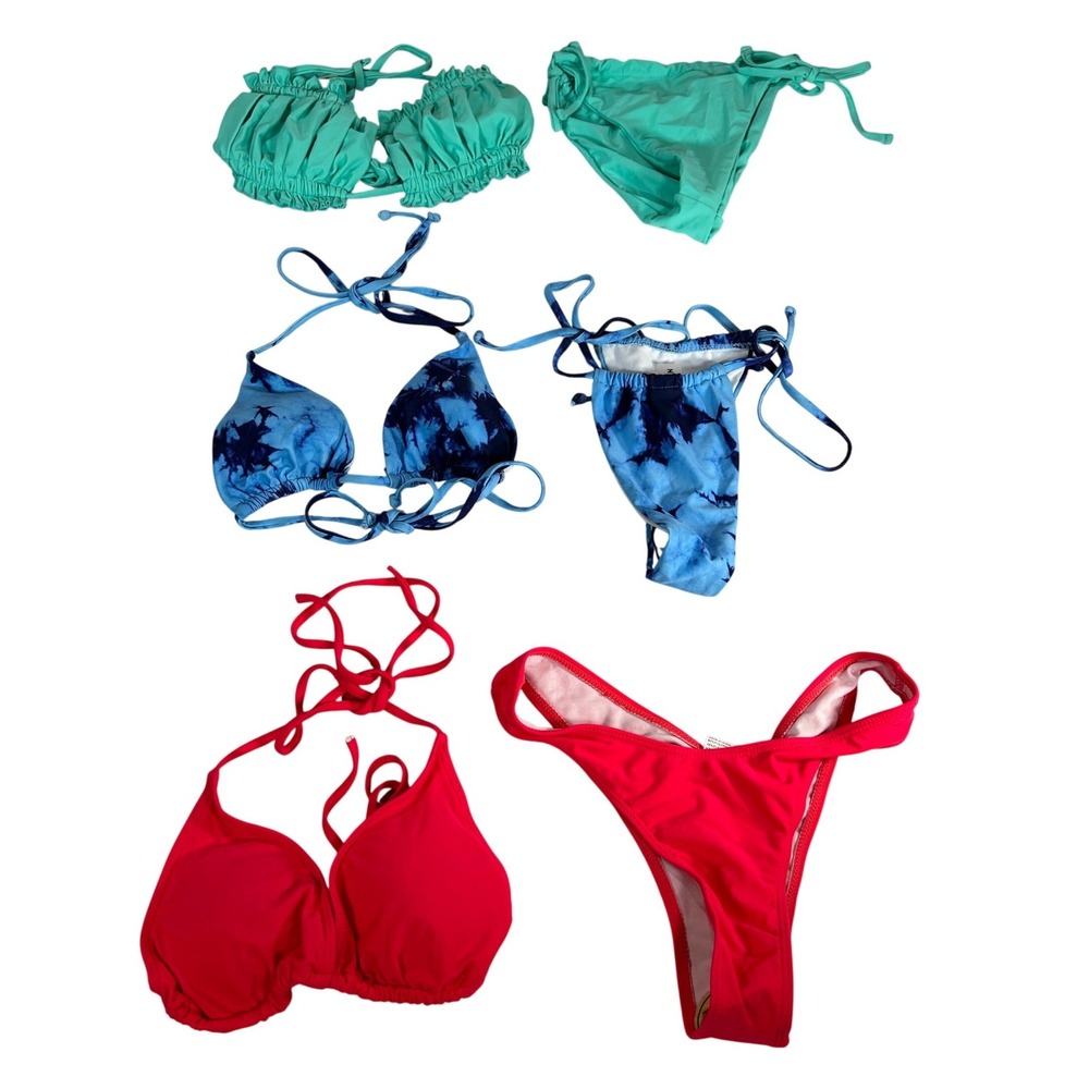 SHEIN Bikini Bundle Lot of 3 Small Teal Ruffle Blue Tie Dye Red High Cut Swim